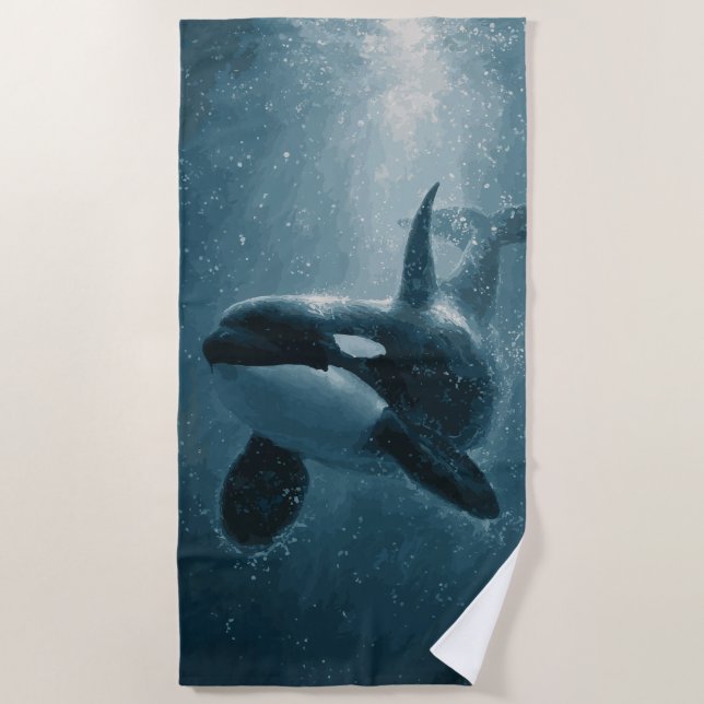 Orca Swimming Underwater Beach Towel (Front)