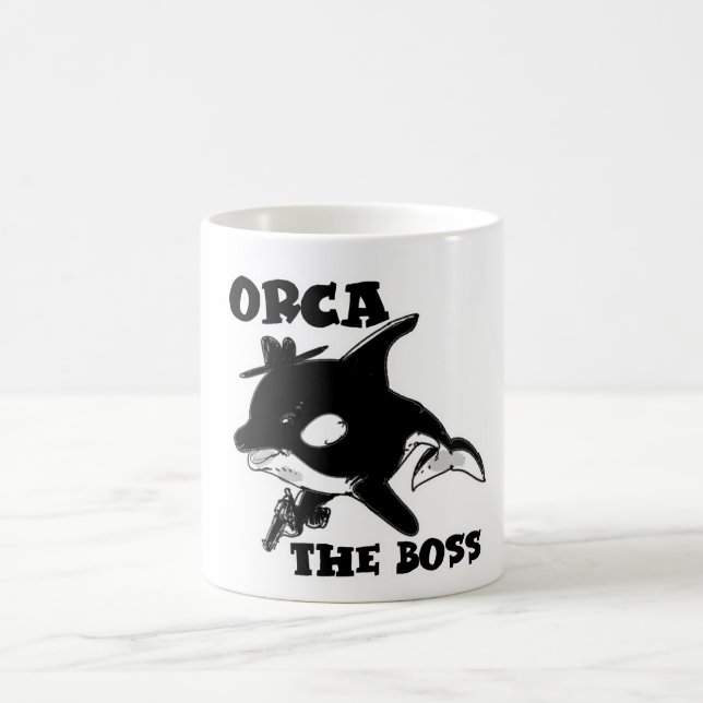 orca the boss cartoon style funny illustration coffee mug (Center)