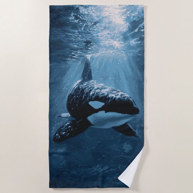 Orca Underwater Light Rays Ocean Illustration Beach Towel (Front)