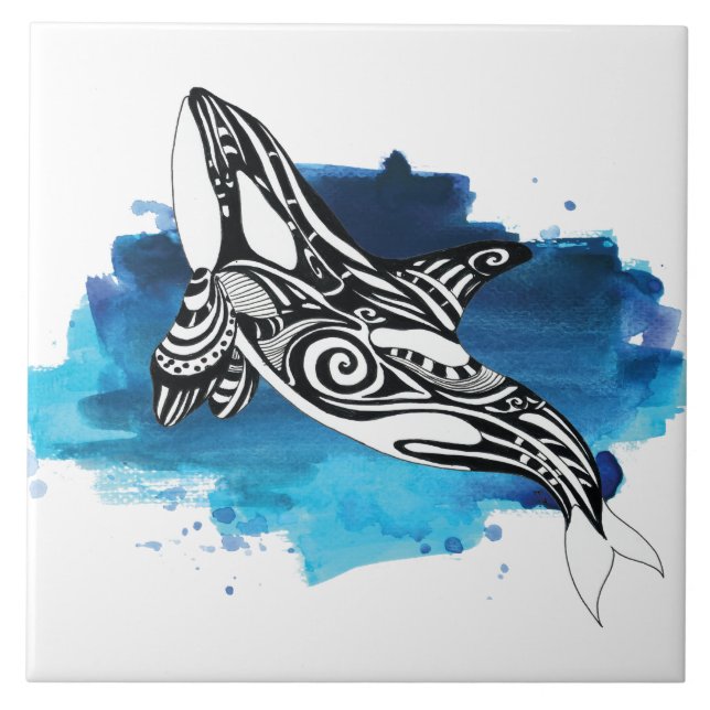 Orca Whale Blue Watercolor Ceramic Tile (Front)