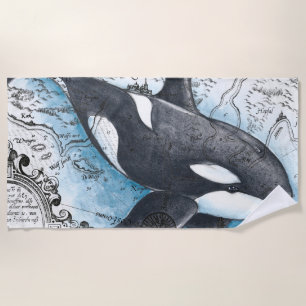 Orca Whale Blue Watercolor Nautical Map Beach Towel