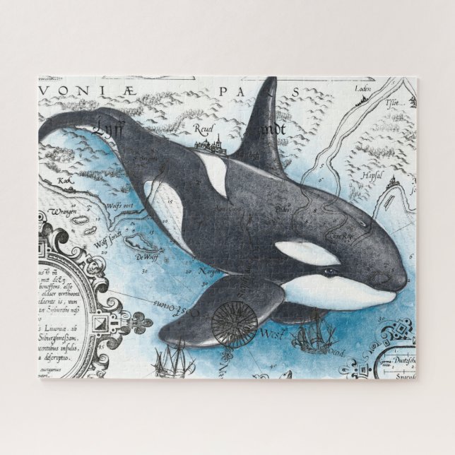 Orca Whale Blue Watercolor Nautical Map Jigsaw Puzzle (Horizontal)