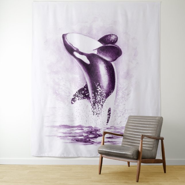 Orca Whale breaching Ultra Violet Tapestry (In Situ)