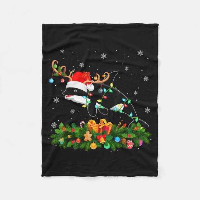 Orca Whale Christmas Lights Reindeer Santa Xmas Ad Fleece Blanket (Front)