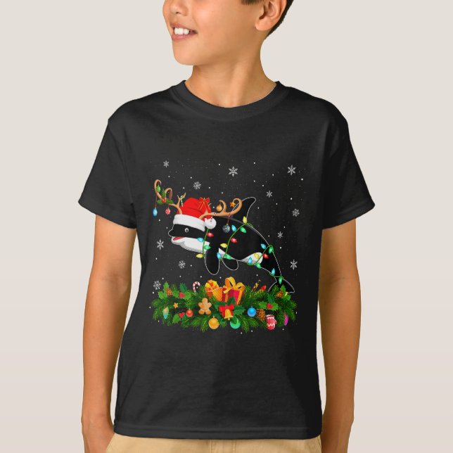Orca Whale Christmas Lights Reindeer Santa Xmas Ad T-Shirt (Front)