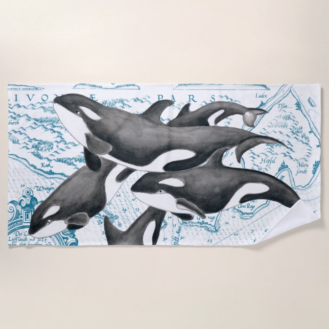 Orca Whale Family Vintage Map Beach Towel (Front)