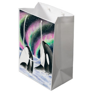 Orca Whale Galaxy Northern Lights Stars Watercolor Medium Gift Bag