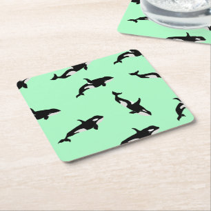 Orca Whale Illustration Pod Pattern Ocean Mint  Square Paper Coaster