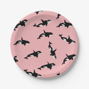 Orca Whale Illustration Pod Pattern Ocean Pink Paper Plate