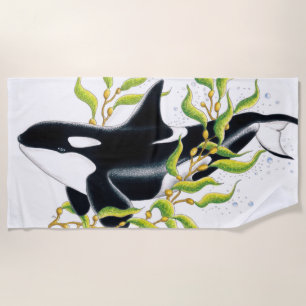 Orca whale In Kelp Forest ink art Beach Towel