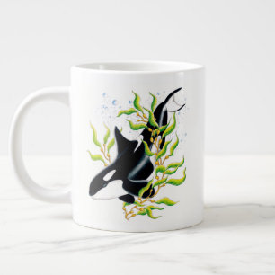 Orca whale In Kelp Forest ink art Large Coffee Mug