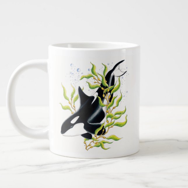 Orca whale In Kelp Forest ink art Large Coffee Mug (Left)