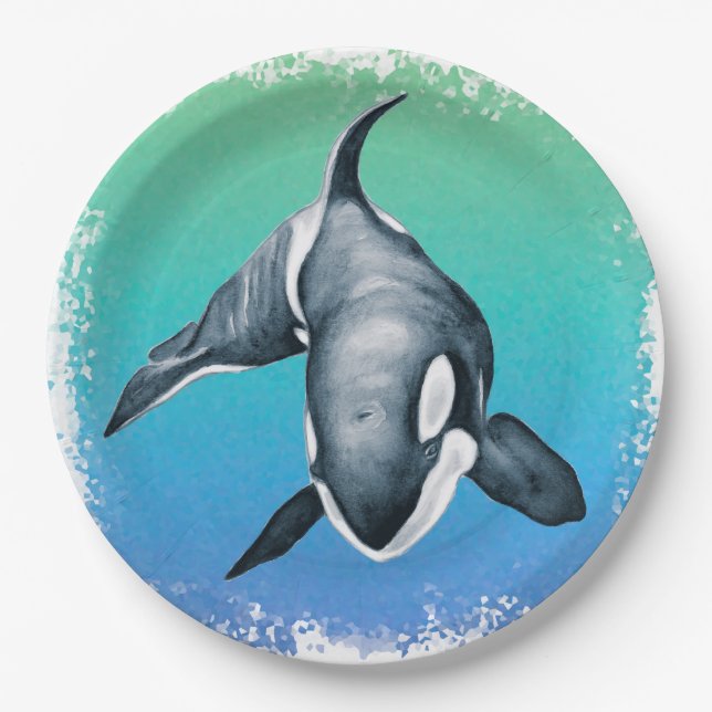 Orca Whale Teal crystal Paper Plate (Front)