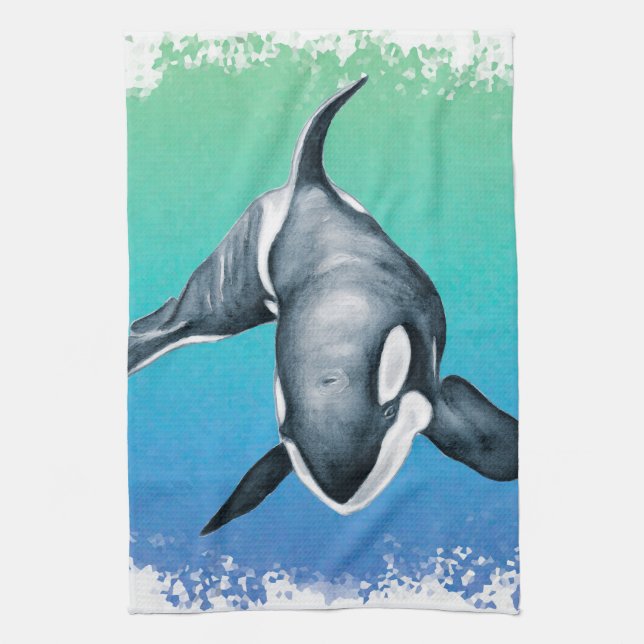 Orca Whale Teal crystal Tea Towel (Vertical)