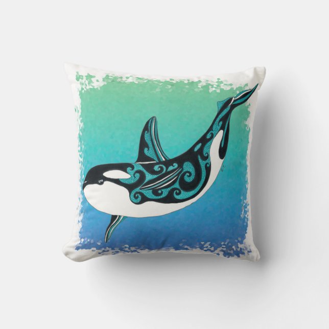 Orca Whale Teal Tribal Cushion (Front)
