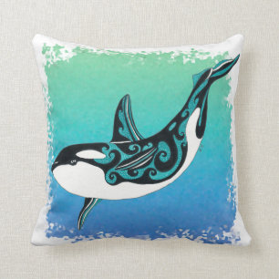 Orca Whale Teal Tribal Cushion