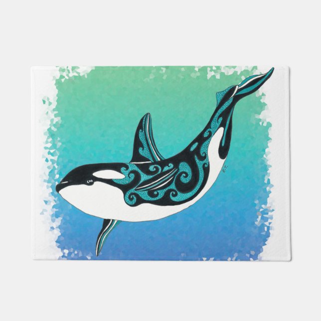 Orca Whale Teal Tribal Doormat (Front)
