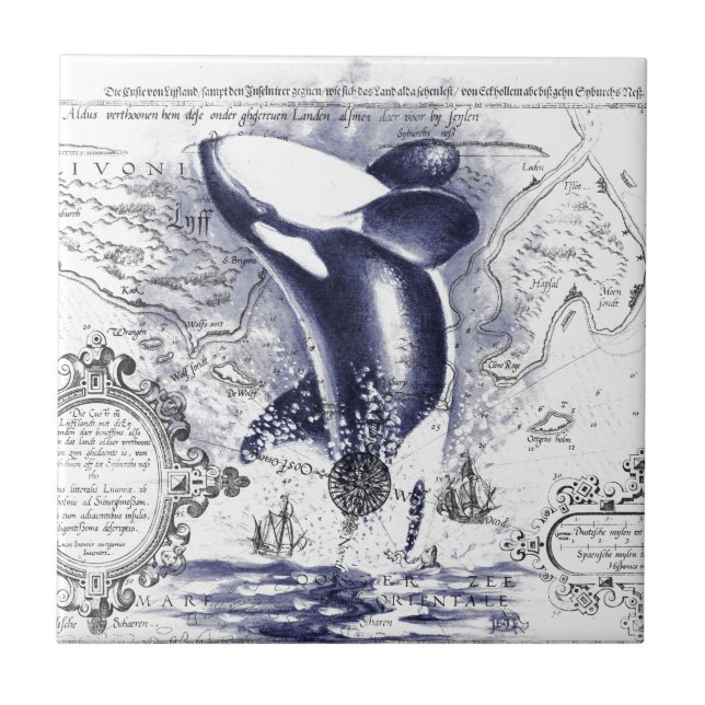 Orca Whale Vintage Map Blue Ceramic Tile (Front)