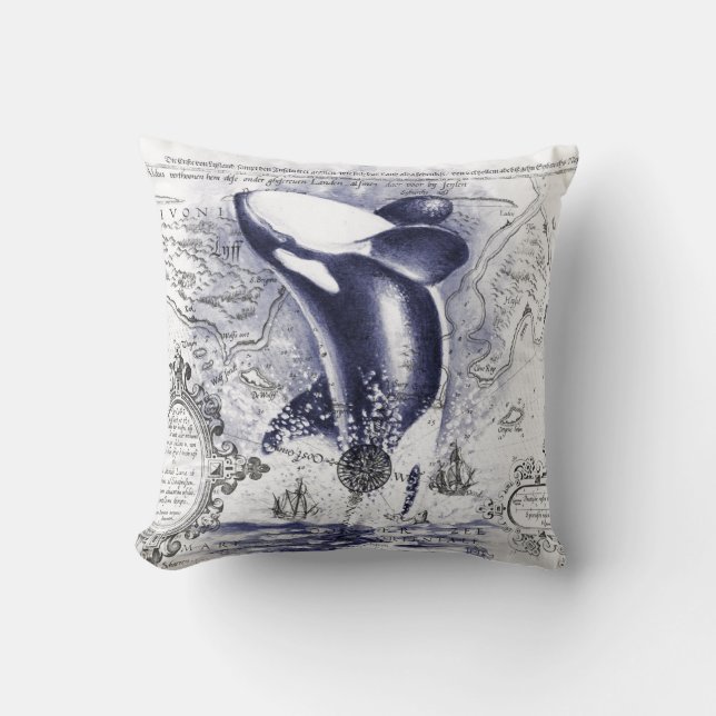 Orca Whale Vintage Map Blue Cushion (Front)