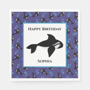 Orca Whale with Bubbles Personalised Birthday Napkin