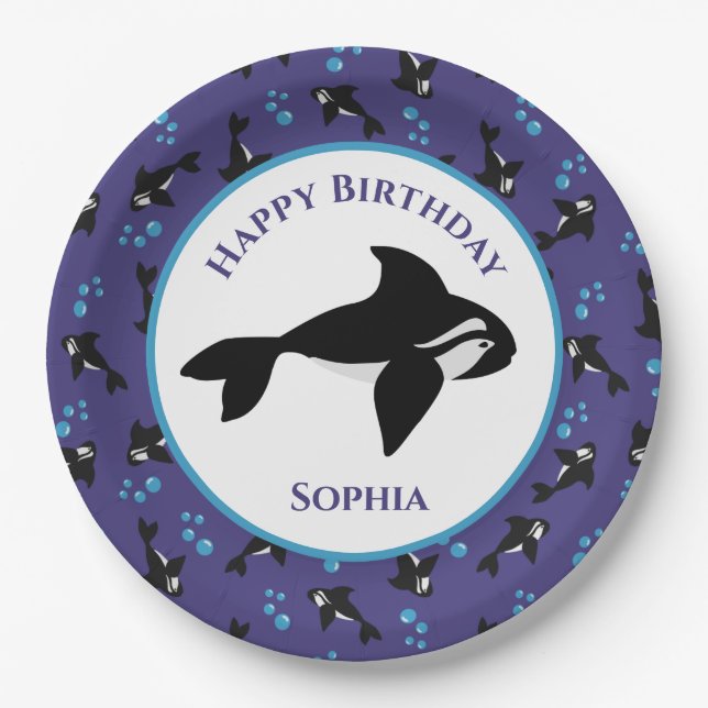 Orca Whale with Bubbles Personalised Birthday  Paper Plate (Front)