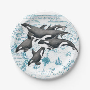 Orca  whales ancient blue paper plate