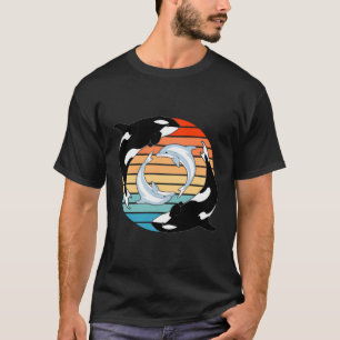Orca Whales And Dolphins Retro Sunset T-Shirt
