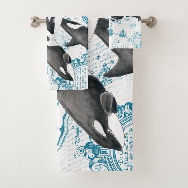 Orca whales family ancient blue bath towel set (Insitu)