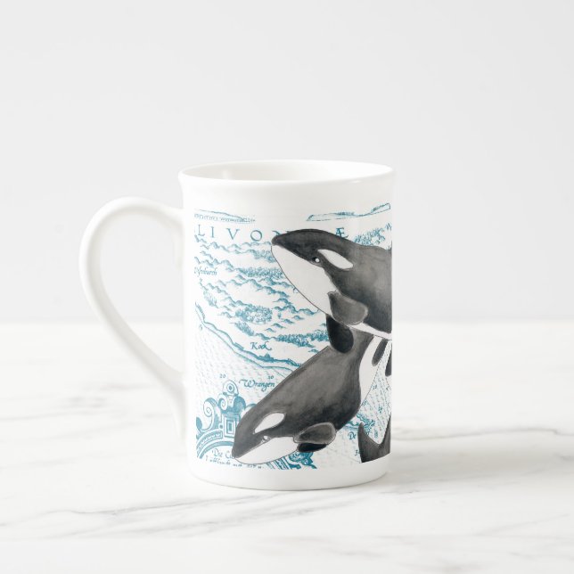 Orca whales family ancient blue bone china mug (Left)