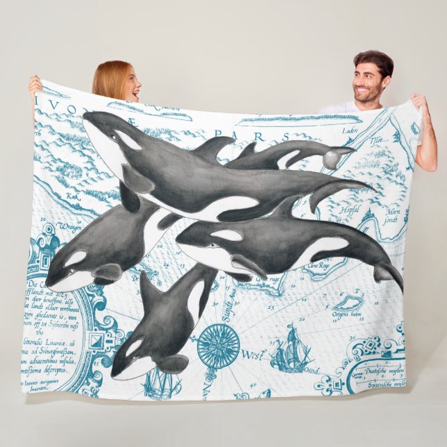Orca whales family ancient blue fleece blanket (In Situ)