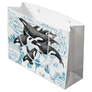 Orca whales family ancient blue large gift bag
