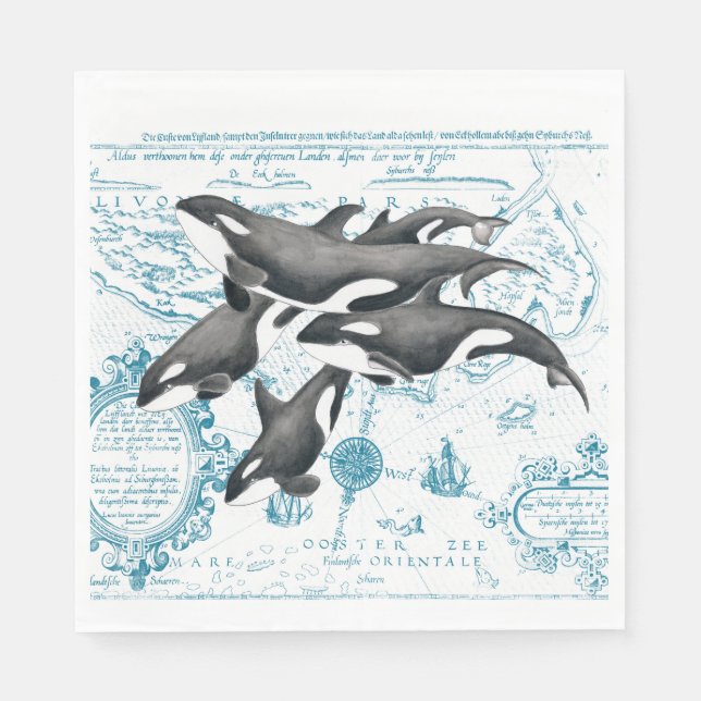 Orca whales family ancient blue napkin (Front)
