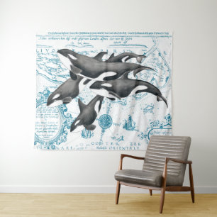 Orca whales family ancient blue tapestry