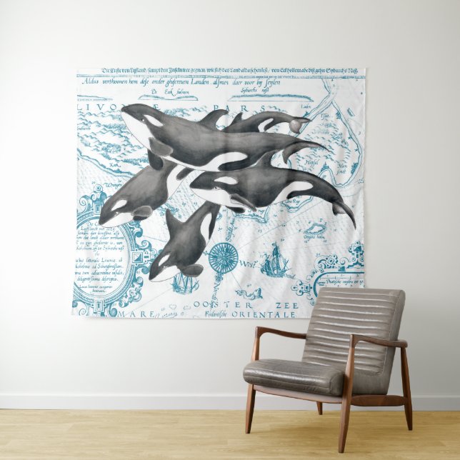 Orca whales family ancient blue tapestry (In Situ (Horizontal))