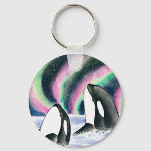 Orca Whales Galaxy Northern Lights Watercolor Key Ring