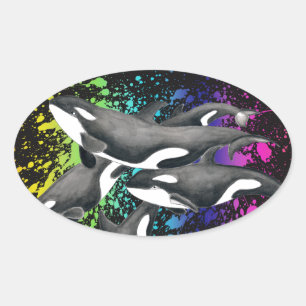 Orca Whales Watercolor Splash Black Oval Sticker