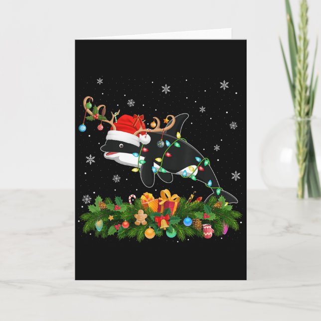 Orca Xmas Lighting Reindeer Santa Hat Orca Christm Card (Front)