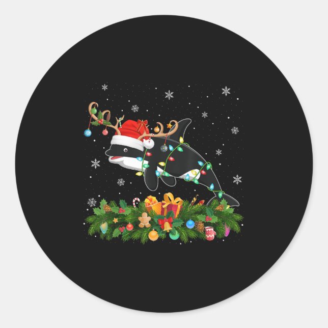 Orca Xmas Lighting Reindeer Santa Hat Orca Christm Classic Round Sticker (Front)