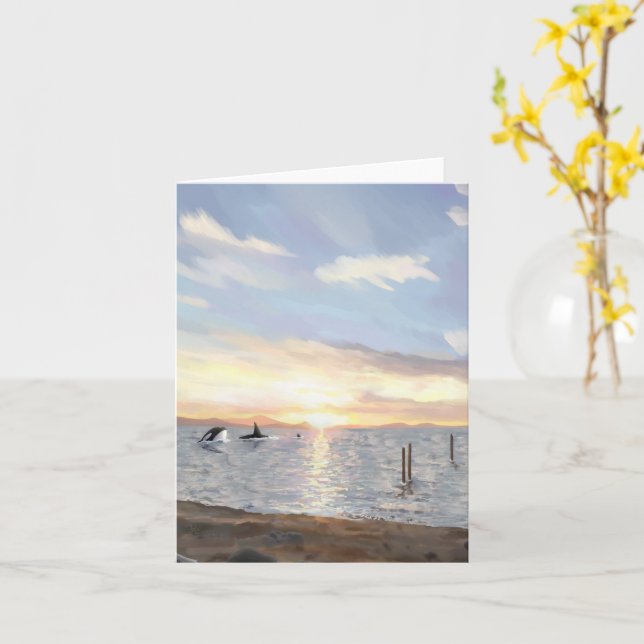 Orcas at Sunset (Blank Inside) Card (Yellow Flower)