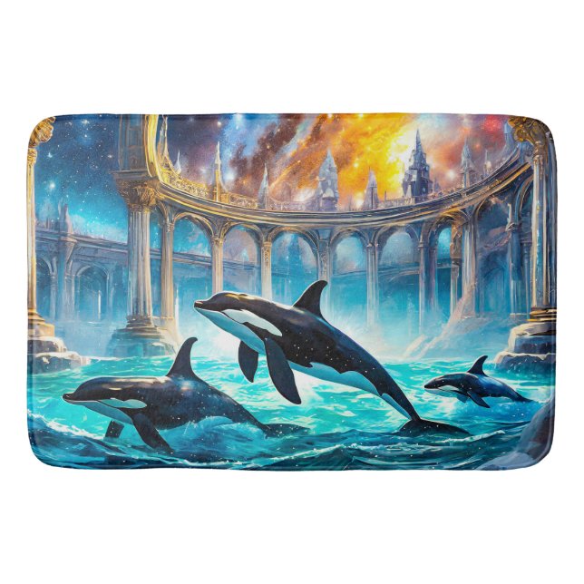 Orcas in Galaxy Castle Design by Rich AMeN Gill Bath Mat (Front)