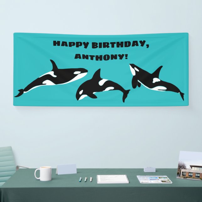 Orcas Killer Whales Teal Blue Birthday Party Banner (Tradeshow)