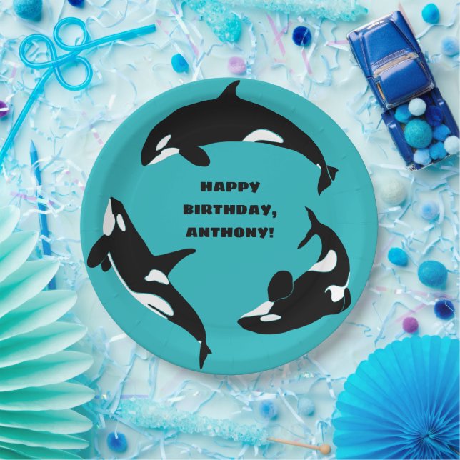Orcas Killer Whales Teal Blue Birthday Party Paper Plate (Party)
