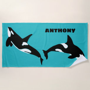 Orcas Killer Whales Teal Blue Personalised Beach Towel