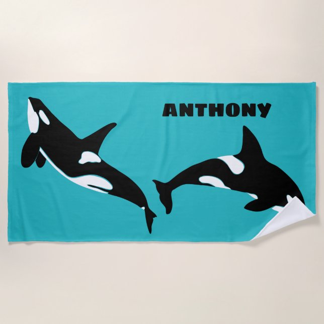 Orcas Killer Whales Teal Blue Personalised Beach Towel (Front)