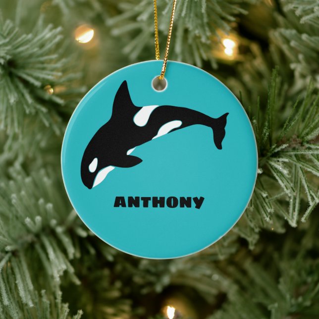 Orcas Killer Whales Teal Blue Personalised Ceramic Ornament (Tree)