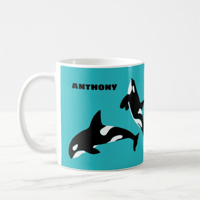 Orcas Killer Whales Teal Blue Personalised Coffee Mug (Left)