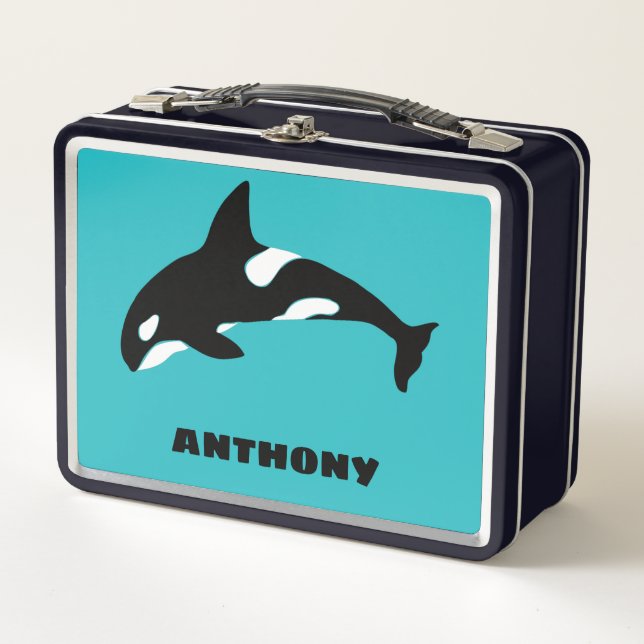 Orcas Killer Whales Teal Blue Personalised Metal Lunch Box (Front)