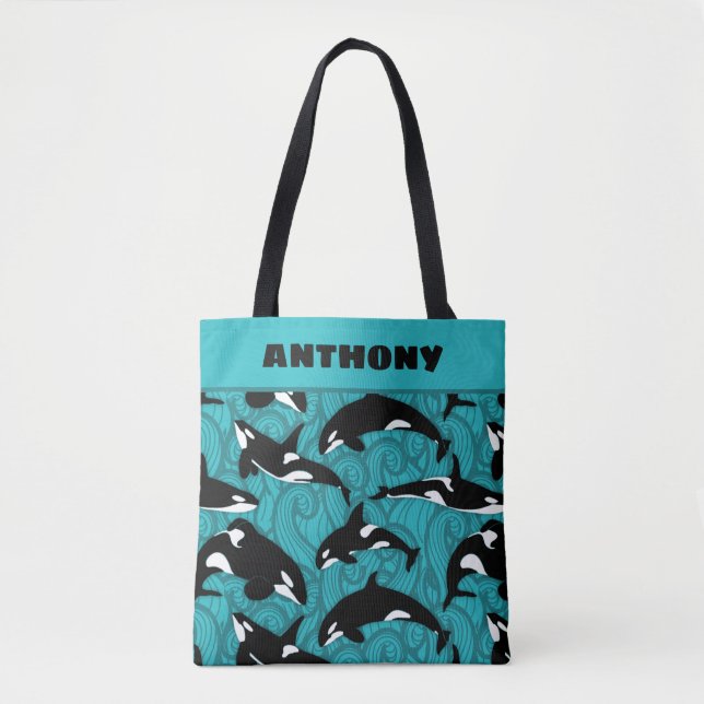 Orcas Killer Whales Teal Blue Personalised Tote Bag (Front)