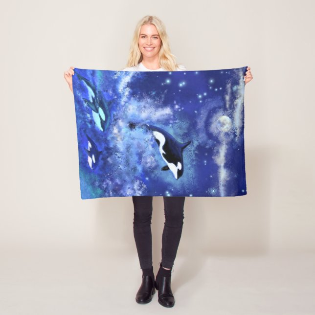 Orcas on Full Moon - Art Drawing Fleece Blanket (In Situ)