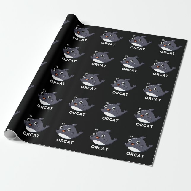 Orcat Funny Cat Orca Pun Dark BG Wrapping Paper (Unrolled)